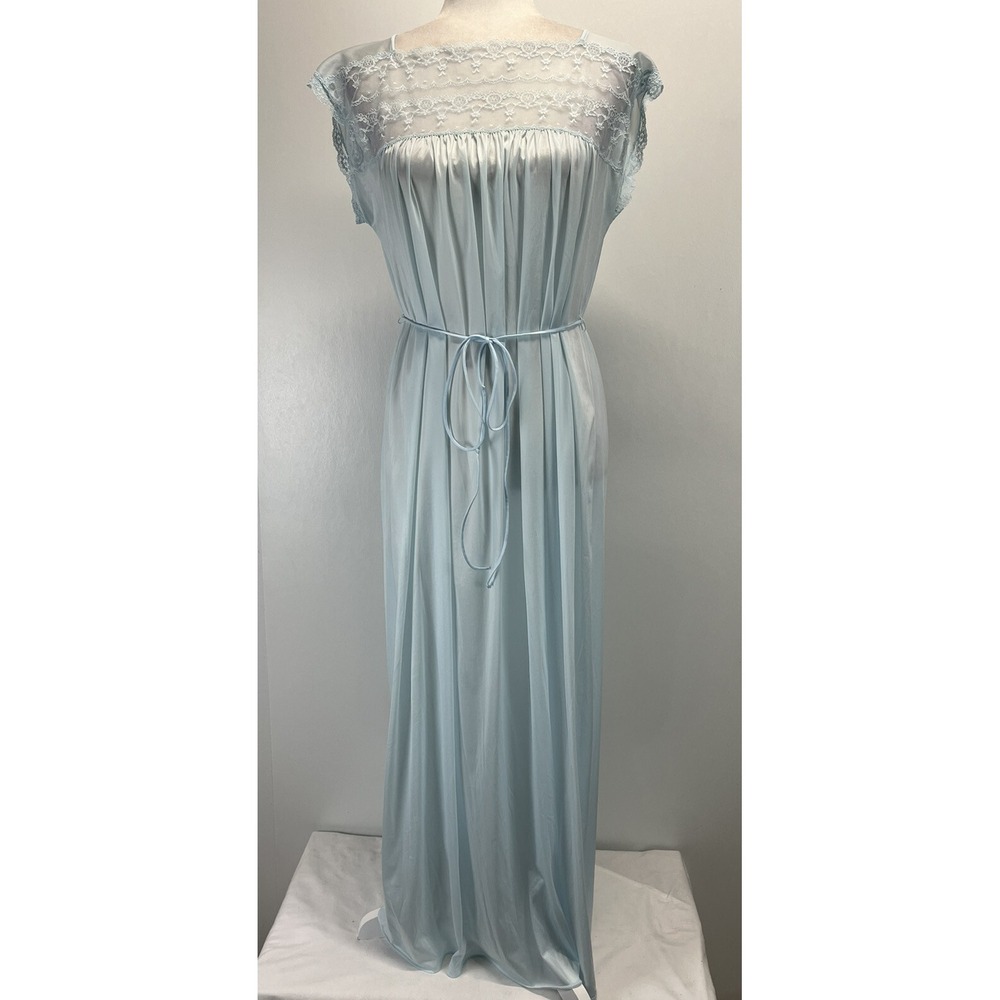 Vintage Vanity Fair Full Length Nylon Nightgown Sz Small VGUC Pale Blue Belted